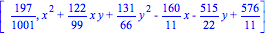 [197/1001, x^2+122/99*x*y+131/66*y^2-160/11*x-515/22*y+576/11]